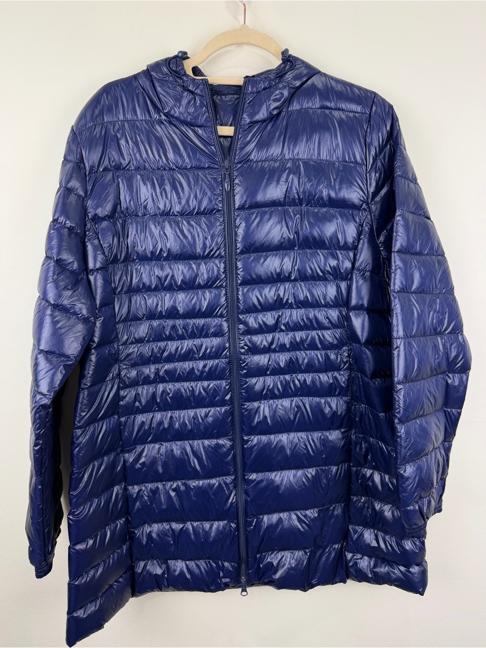Ultra Light Down Long Hooded Puffer Coat Navy Blue XL Packable